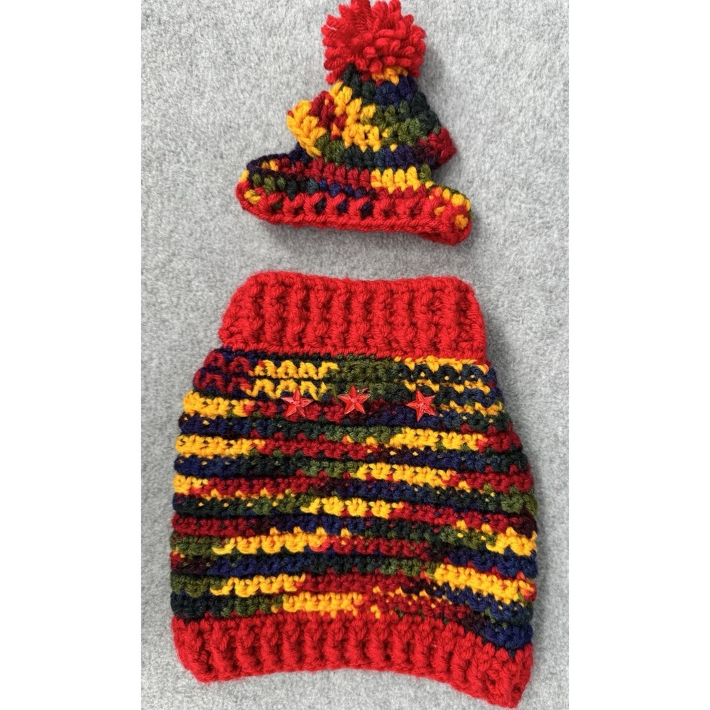 Dog Sweater & Hat Set  XS/S  Red Multicolor Variegated Hand Crocheted